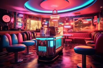 Vintage 1950s diner with neon lights, jukebox and retro vibes, nostalgic throwback. - obrazy, fototapety, plakaty