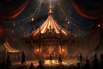Vintage circus tent, with acrobats, jugglers, and a trapeze artist thrilling the audience.