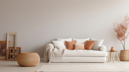 Fototapeta na wymiar Knitted Pouf, White Sofa, Terra Cotta Pillows, and Blanket Create Cozy Home Interior Design, Scandinavian Hygge-Style Living