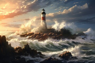 Waves crashing on rocky shoreline, lighthouse standing tall, nautical theme.