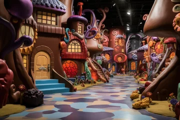 Fotobehang Whimsical chocolate factory tour, rivers of chocolate and candy trees capturing imaginations. © Bijac