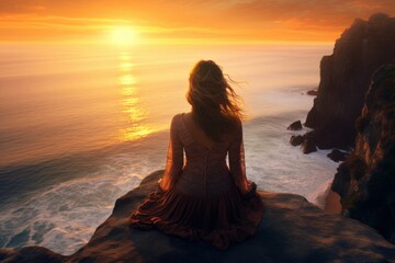 Woman in serene meditation posture on a cliff overlooking a vast ocean at sunrise.