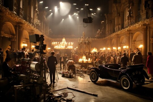 Vintage Hollywood film set, directors and starlets creating cinematic magic.