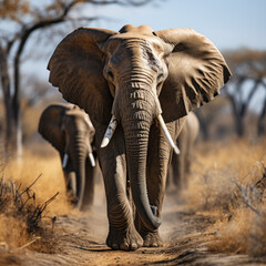  a gray elephant walking in a savanna  
