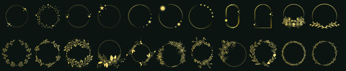 Star frame. Circle and floral frames with sparkle stars, festive effect decoration. Flower frames vector illustration.