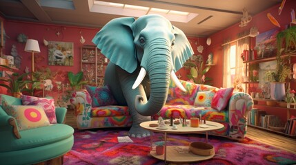 The Elephant in the Room: Surreal Room with elephant - obrazy, fototapety, plakaty