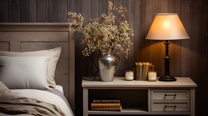 Cozy Bedroom Setup: Stylish Bedside Cabinet Positioned Next to the Bed, Set Against Elegant Wood Paneling with a Farmhouse interior design of a modern bedroom 