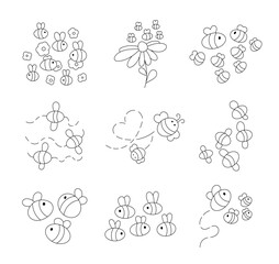 Cute cartoon hive. Bumblebee. Coloring Page. Bee flying on a dotted route. Insect character. Hand drawn style. Vector drawing. Collection of design elements.