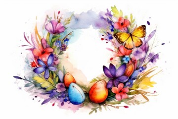 Colorful Easter wreath with watercolor design, vibrant spring bouquet. Generative AI