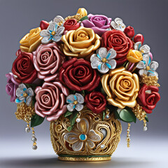 beautiful bouquet of fabric roses and flowers in an elaborate golden vase