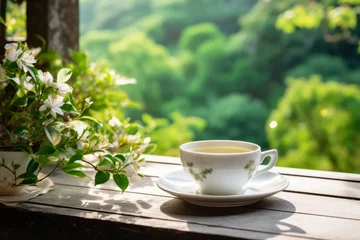 Fotobehang A beautifully arranged cup of white tea in a serene outdoor setting, surrounded by lush greenery and bathed in the soft glow of morning sunlight © aicandy