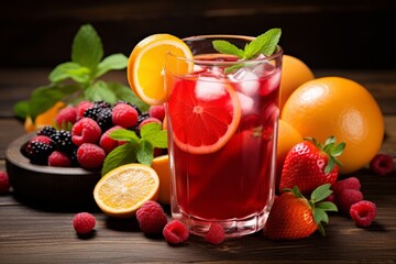 A vibrant, refreshing glass of homemade fruit punch surrounded by a variety of fresh fruits on a rustic wooden table in the summer sun