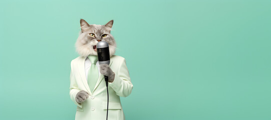 Stylish cat singing with microphone isolated on green background - obrazy, fototapety, plakaty