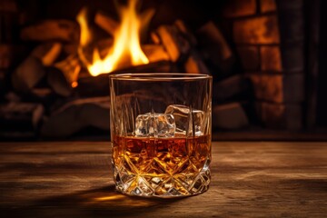 An Elegant Glass of Bourbon Rests on a Rustic Wooden Table, Illuminated by the Warm Glow of a Fireplace in a Cozy, Vintage Styled Room