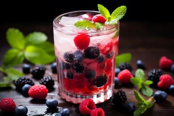 A Close-up Shot of a Refreshing Berry and Mint Cooler, Perfect for a Hot Summer Day, Garnished with Fresh Mint Leaves and Mixed Berries