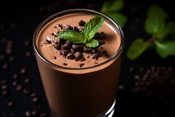 A detailed close-up showcasing the rich texture and vibrant colors of a freshly prepared cacao nib smoothie in a tall glass, garnished with a mint leaf