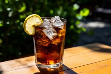 A refreshing glass of cola, surrounded by ice cubes and lemon slices, sitting on a rustic wooden table under the warm summer sun