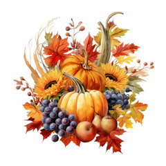 Watercolor Autumn Decor, Autumn Leaves and thanksgiving fruits