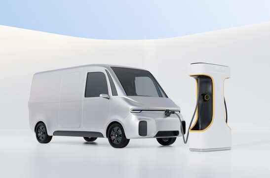 Electric Delivery Van charging in charging station. Generic design. 3D rendering image.