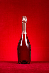 a bottle of sparkling wine on red background at vertical composition