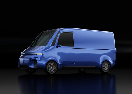 Blue electric powered delivery van on black background. Generic design. 3D rendering image.
