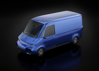 Blue electric powered delivery van on black background. Generic design. 3D rendering image.