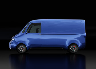 Side view of blue electric powered delivery van on black background. Generic design. 3D rendering image.