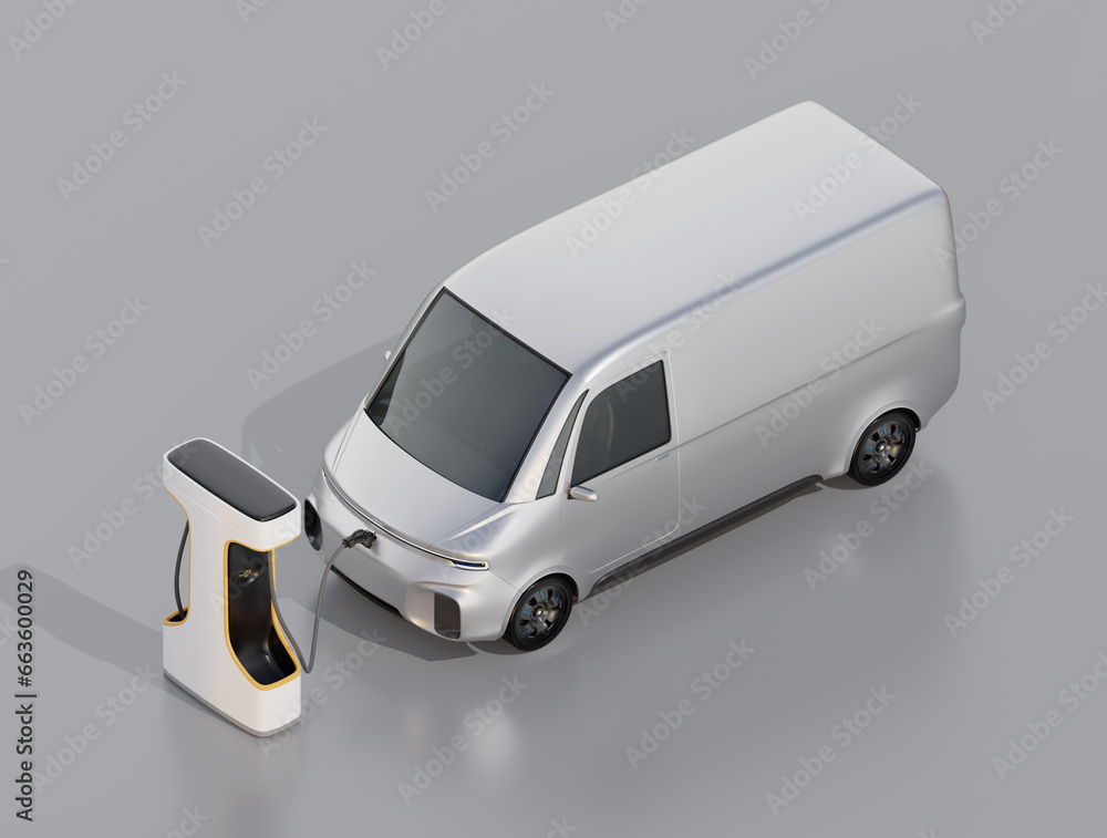 Poster isometric view of electric delivery van charging in charging station. generic design. 3d rendering i