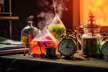 Alarm clock beside chemistry flasks. Generative AI - obrazy, fototapety, plakaty