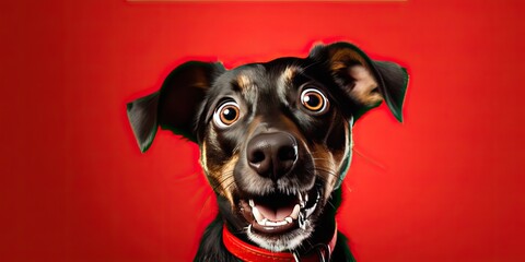 illustration of surprised dog, on red background, generative AI