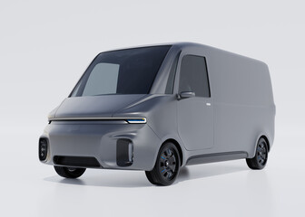 Silver Electric Delivery Van on light gray background. Generic design. 3D rendering image.