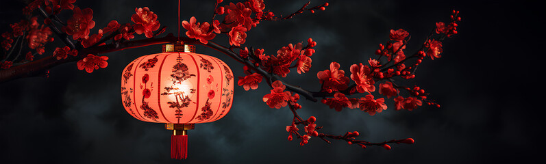Red Chinese lantern with asian flowers. Chinese New Year. Decorative background.