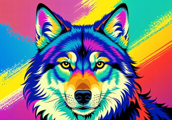 Naklejka premium Vibrant Wolf Portrait: A Rainbow Splash of Energetic Artistry