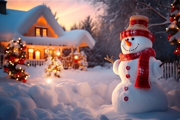 Obraz premium A beautiful snowman near a house decorated for Christmas. Warm image colors