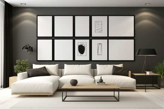 3D rendering of contemporary living space with empty frames on wall. Generative AI