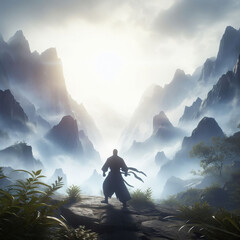 hiker in the mountains asian , Oriental painting style martial arts