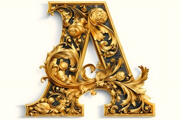alphabet letter A with gold ornated art - obrazy, fototapety, plakaty