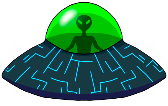 Al&iacute;en, extraterrestre o antiguo astronauta en su Ovni o Nave espacial tecnol&oacute;gica. Con estilo 3D. Dibujo digital. Hecho por artista Diego Ferro