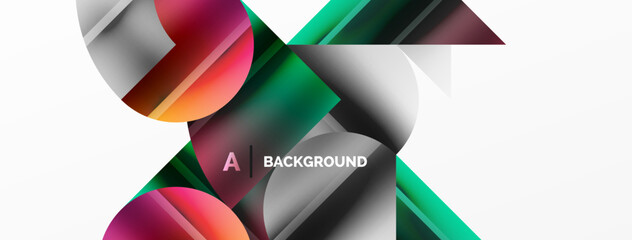 Elegant minimalist background with color metallic circles and triangles, creating harmonious composition of geometric shapes for wallpaper, banner, background, landing page