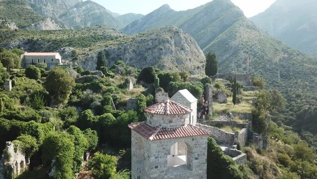 aerial close up to old stone medieval castle of Stari Bar small town in Montenegro