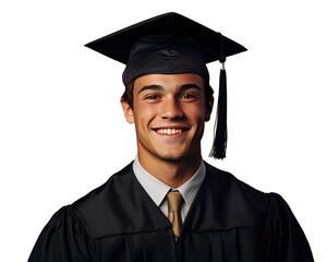 Successful male college student at graduation in his cap and gown, transparent background (PNG)