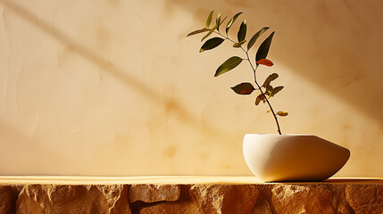 One white plant placed in front of a beige stone wall.