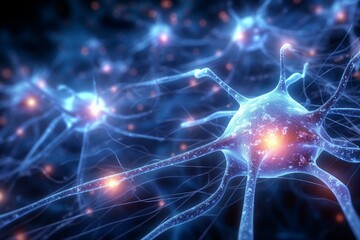 Naklejka na ściany i meble 3D rendering of interconnected neural brain cells via synapses. Generative AI
