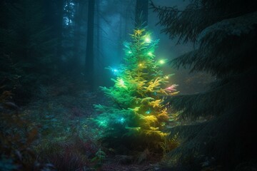 a glowing Christmas tree in the forest. Generative AI