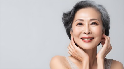 portrait of gorgeous happy middle aged mature asian woman