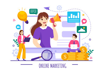 Digital Online Marketing Vector Illustration with Business Analysis, Content Strategy, Ad Targeting and Management in Flat Cartoon Background
