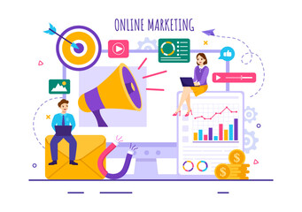 Digital Online Marketing Vector Illustration with Business Analysis, Content Strategy, Ad Targeting and Management in Flat Cartoon Background