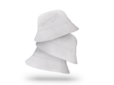 Three white bucket hats isolated PNG transparent