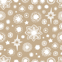 White snowflakes on beige background seamless christmas vector pattern hand draw. Snow festive seamless pattern for textile prints, cards, design