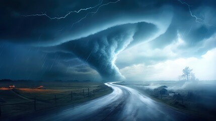 Tornado in stormy landscape, thunder storm, climate change, natural disaster - obrazy, fototapety, plakaty